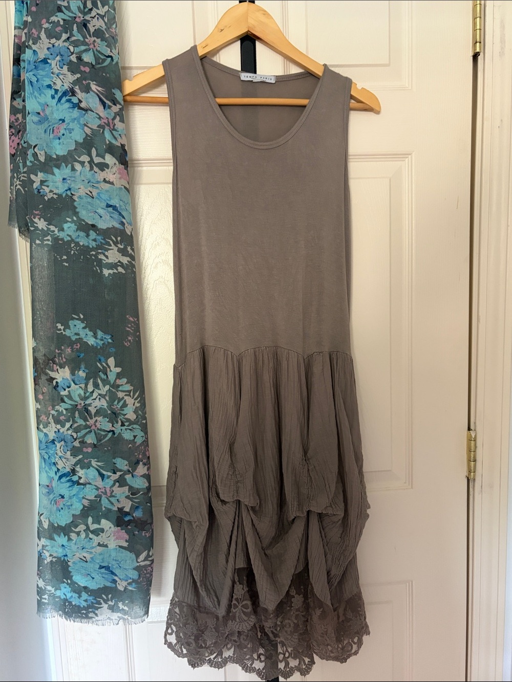 Tempo Paris Taupe Sleeveless Midi Dress with Lace Hem